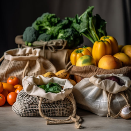 vegetables and fruits in eco bags on a wooden table.の素材