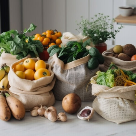 vegetables in burlap bags on the kitchen table, healthy foodの素材