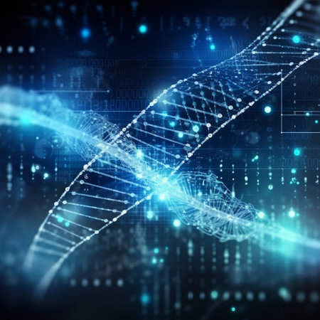3d illustration of DNA helix on blue background with binary codeの素材