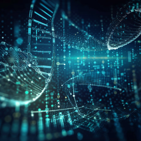 DNA strand with binary code on blue background. 3d rendering toned image double exposureの素材