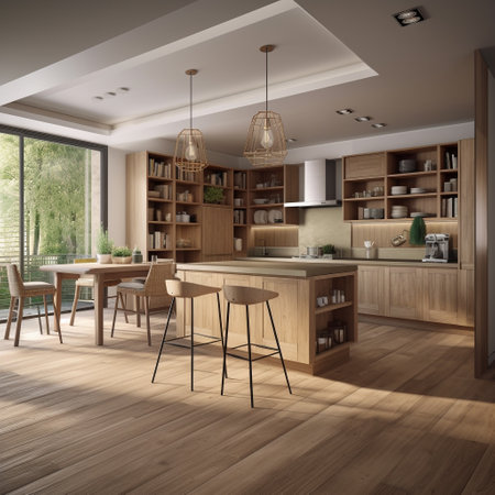 3d rendering kitchen and dining room in modern house with wooden furnitureの素材