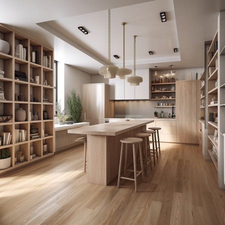 Interior of modern kitchen with white walls, wooden floor, dining table with chairs and bookcase. 3d renderingの素材