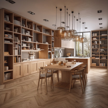Interior of modern kitchen with wooden walls, wooden floor, white countertops and cupboards. 3d renderの素材