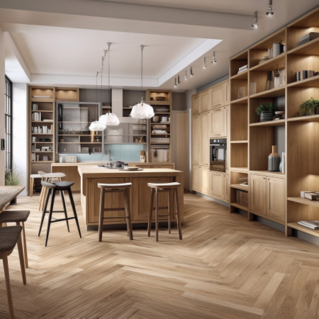 Interior of modern kitchen with wooden walls, parquet floor, wooden countertops and cupboards. 3d renderの素材