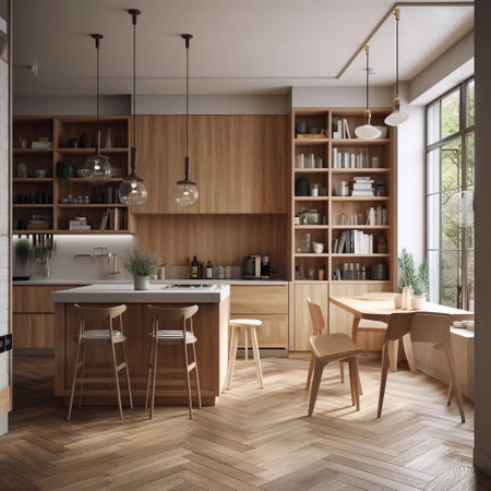 Interior of modern kitchen with wooden walls, wooden floor, white countertops and wooden cupboards. 3d renderingの素材