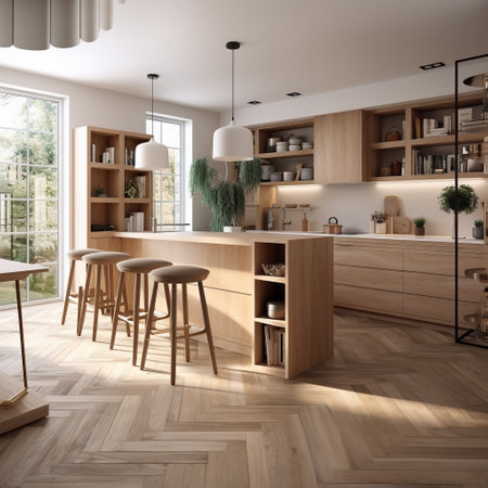 3d rendering interior of modern kitchen with white walls and wooden floorの素材