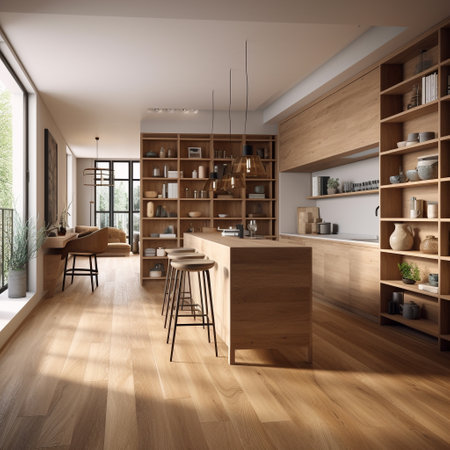 Interior of modern kitchen with wooden walls, parquet floor and wooden cupboards. 3d renderの素材