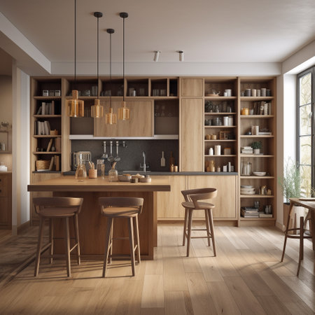 Wooden kitchen interior with a wooden floor, a wooden table and chairs. 3d rendering mock upの素材