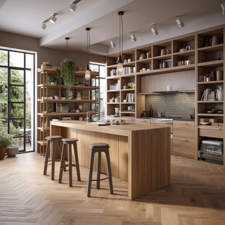 Interior of modern kitchen with beige walls, wooden floor, wooden countertops and cupboards. 3d renderの素材