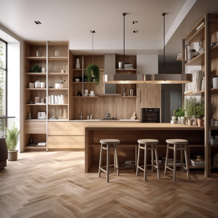 Modern kitchen interior with wooden walls, parquet floor, wooden cupboards and bar counter. 3d renderの素材