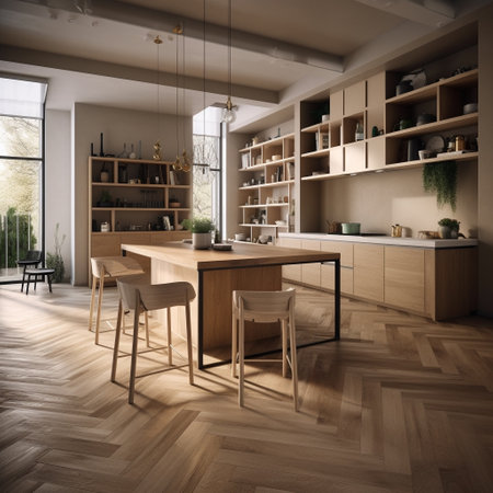 Interior of modern kitchen with wooden walls, wooden floor, beige countertops and wooden cupboards. 3d renderの素材
