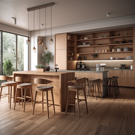 Interior of modern kitchen with wooden walls, wooden floor, bar with stools and wooden countertops. 3d renderingの素材