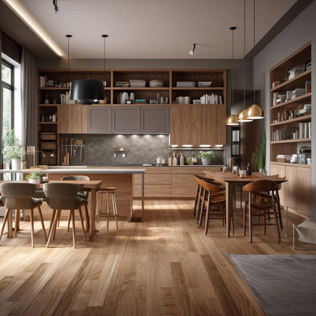 Interior of modern kitchen with brown walls, wooden floor, dining table with chairs and bookcase. 3d renderingの素材