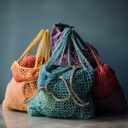 Colorful reusable mesh bags on gray background. Zero waste concept.の素材