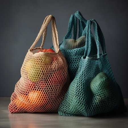 Mesh bags with fruits on a gray background. Zero waste concept.の素材