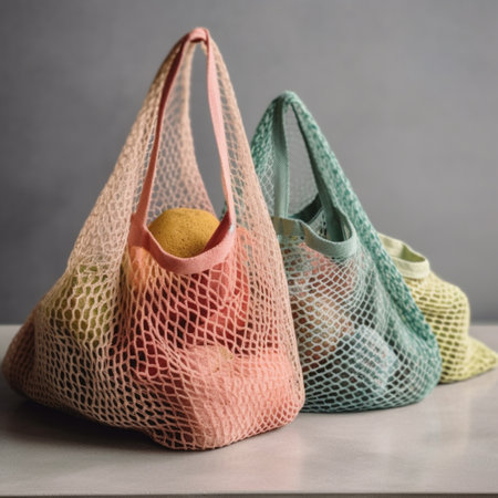 Reusable mesh bag with fruits. Zero waste, plastic free concept.の素材