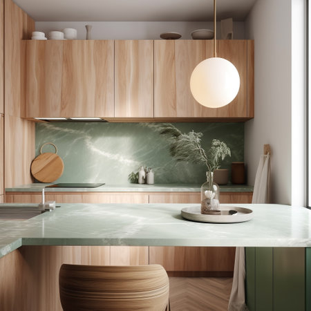 Interior of modern kitchen with wooden walls, concrete floor, green and wooden cupboards and wooden countertops. 3d renderingの素材
