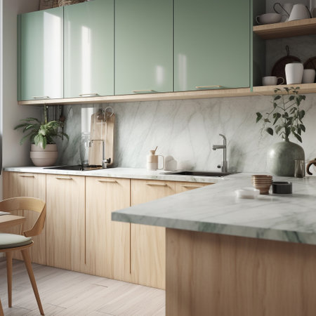 Interior of modern kitchen with green and white walls, wooden floor, white countertops and wooden cupboards. 3d renderingの素材