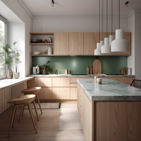 Interior of modern kitchen with white and wooden walls, wooden floor, white countertops and wooden cupboards. 3d renderingの素材