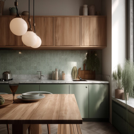 3d render of modern green kitchen interior design in scandinavian styleの素材