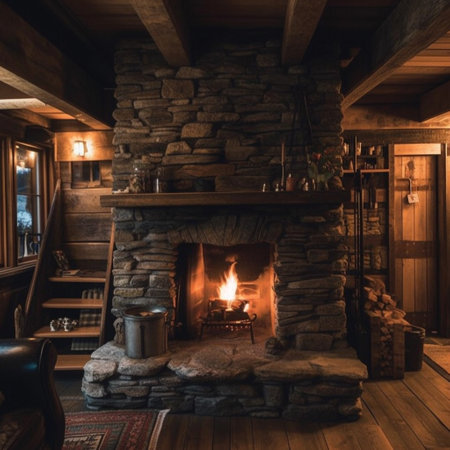 Interior of a country house with fireplace and wooden log cabin.の素材