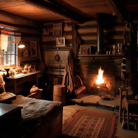 Interior of a log cabin with a fireplace in the evening.の素材