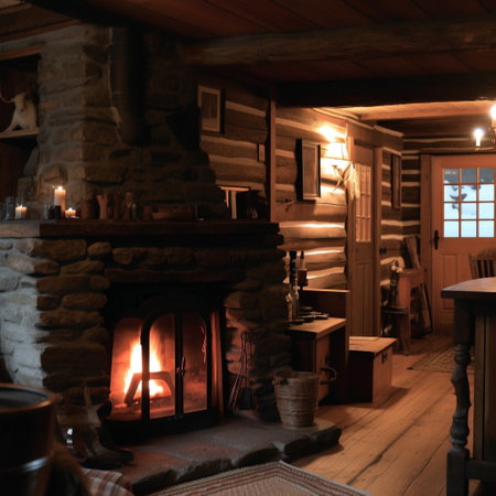 Interior of a log cabin with a fireplace in the evening.の素材