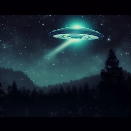 UFO in the night sky. 3d rendering. Computer digital drawing.の素材