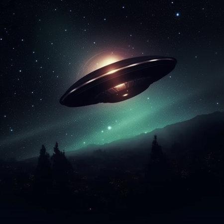 UFO flying in the night sky. 3d render illustration.の素材