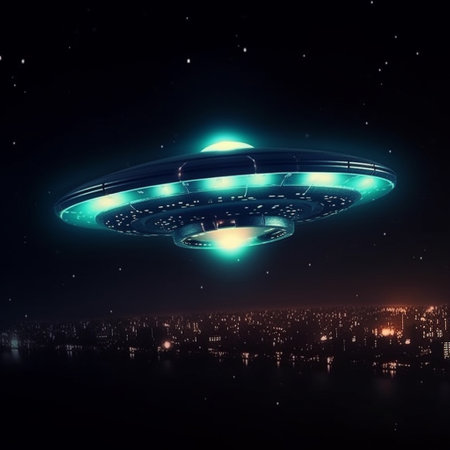 UFO flying over city at night. Futuristic design. 3D renderingの素材