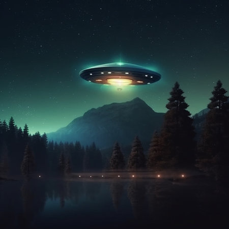 UFO flying in the night sky above the forest. 3d renderingの素材