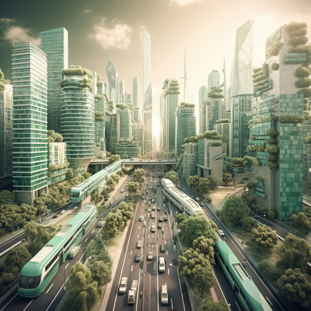 modern city with skyscrapers and train on the road, tonedの素材