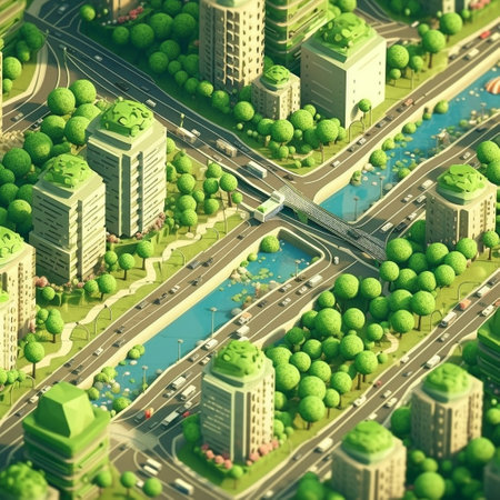 City with green buildings, roads and green trees. 3d renderingの素材