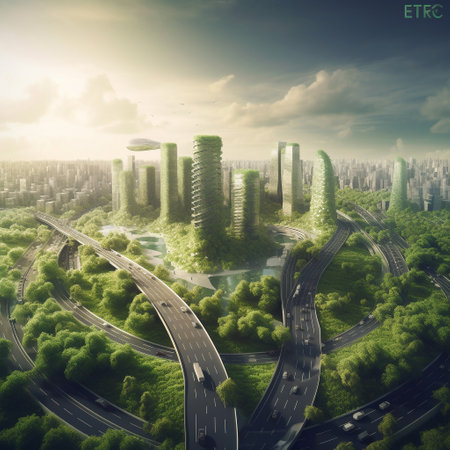 City landscape with road and green forest. 3d render illustration.の素材