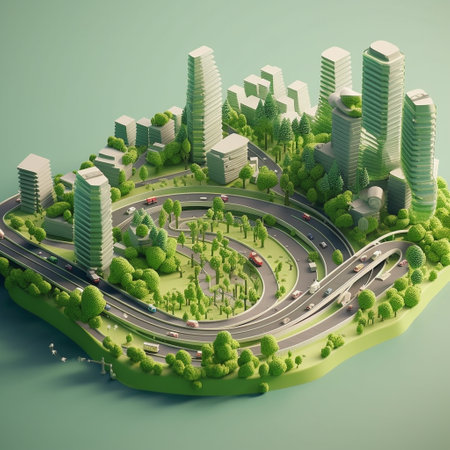 City with roads, trees and buildings. 3d render. Cityscape.の素材