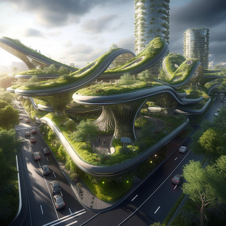 3D rendering of a futuristic city in the form of a landscapeの素材