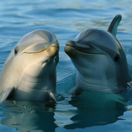 two dolphins in the water, close-up of a pair of dolphinsの素材