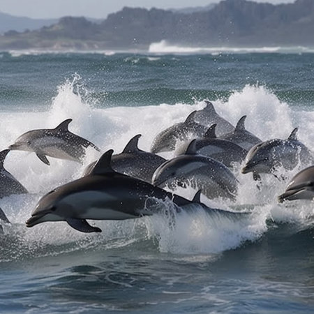 Dolphins jumping out of the ocean, Cape Town, South Africaの素材