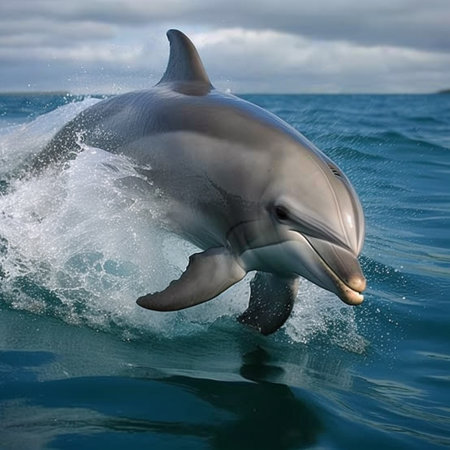 Dolphin jumping out of the water in the ocean on a cloudy dayの素材