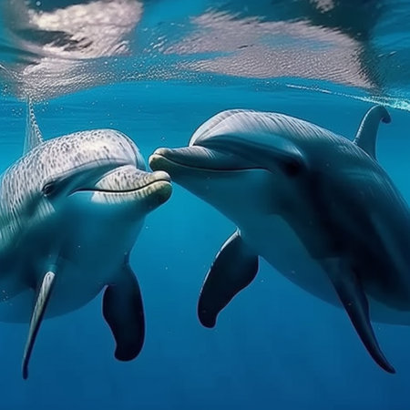 Dolphins swimming in the blue water of the ocean. 3d renderingの素材