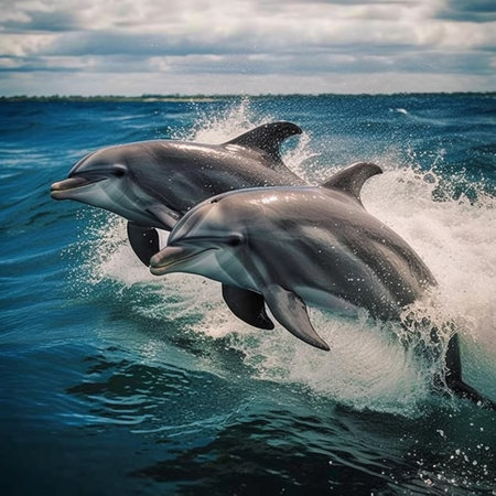 Dolphins jumping out of the ocean. Dolphins jumping out of the water.の素材