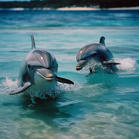 Dolphins in the ocean. Two Dolphins in the ocean. Two dolphins playing in the water.の素材