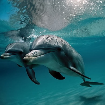 Dolphins swimming in the blue water of the Caribbean Sea, Mexicoの素材