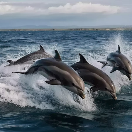 Dolphins jumping out of the water in the Atlantic Ocean, Icelandの素材