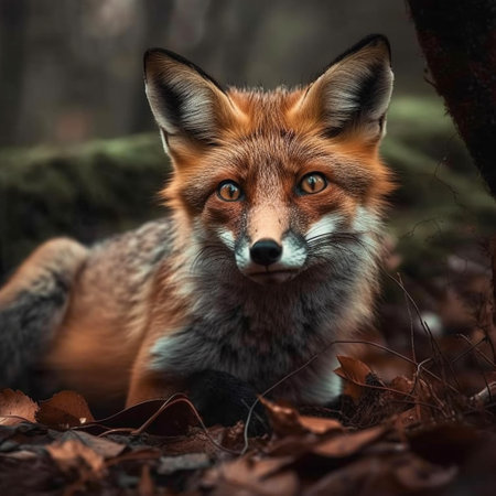 Red fox in the autumn forest. Close-up portrait of a wild animal.の素材