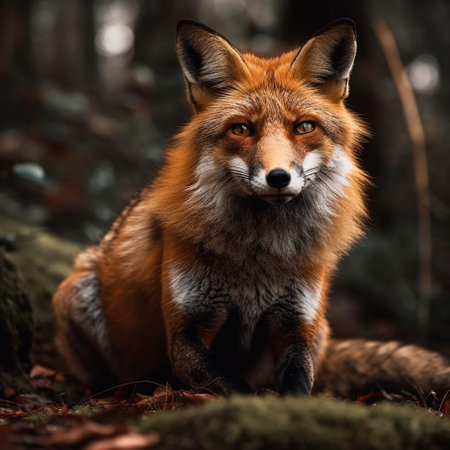 Red fox sitting in the forest. Portrait of a wild animal.の素材