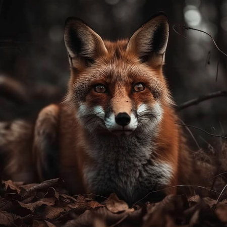 Red fox in the forest. Wild animal in the autumn forest.の素材