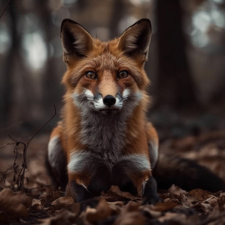 Red fox sitting in the autumn forest. Portrait of a wild animal.の素材