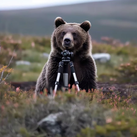 Grizzly Bear on a tripod in the tundraの素材