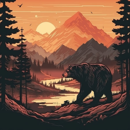 Mountain landscape with bear and lake. Vector illustration in retro styleの素材